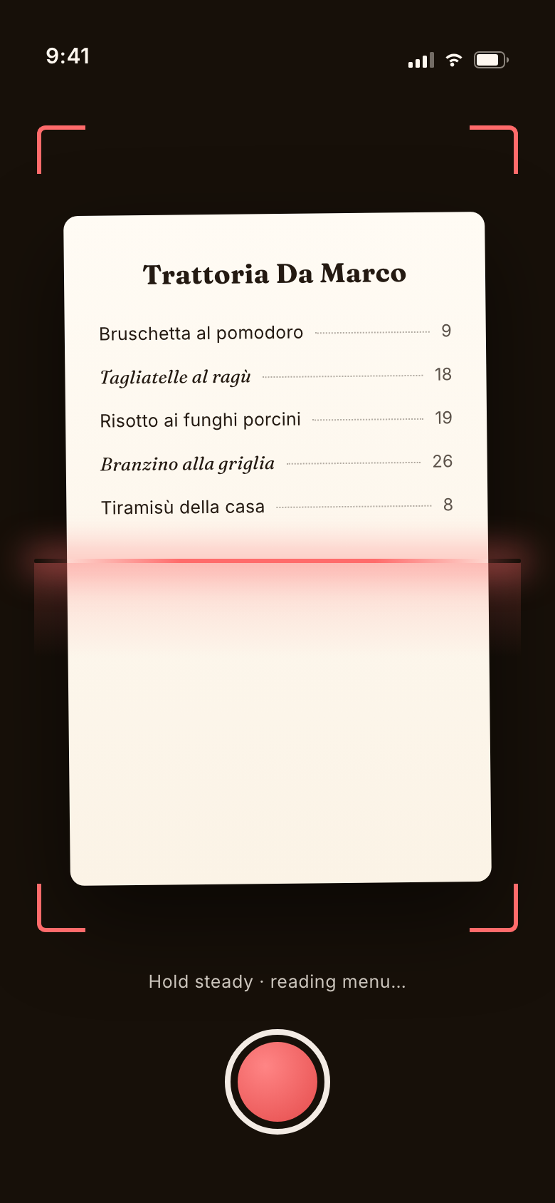 TryEat app scanning a paper restaurant menu with the camera