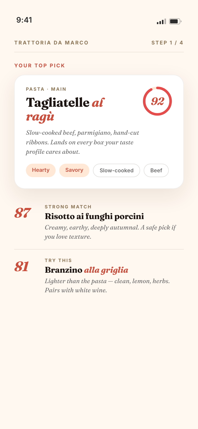 TryEat app showing three ranked dish picks with match scores